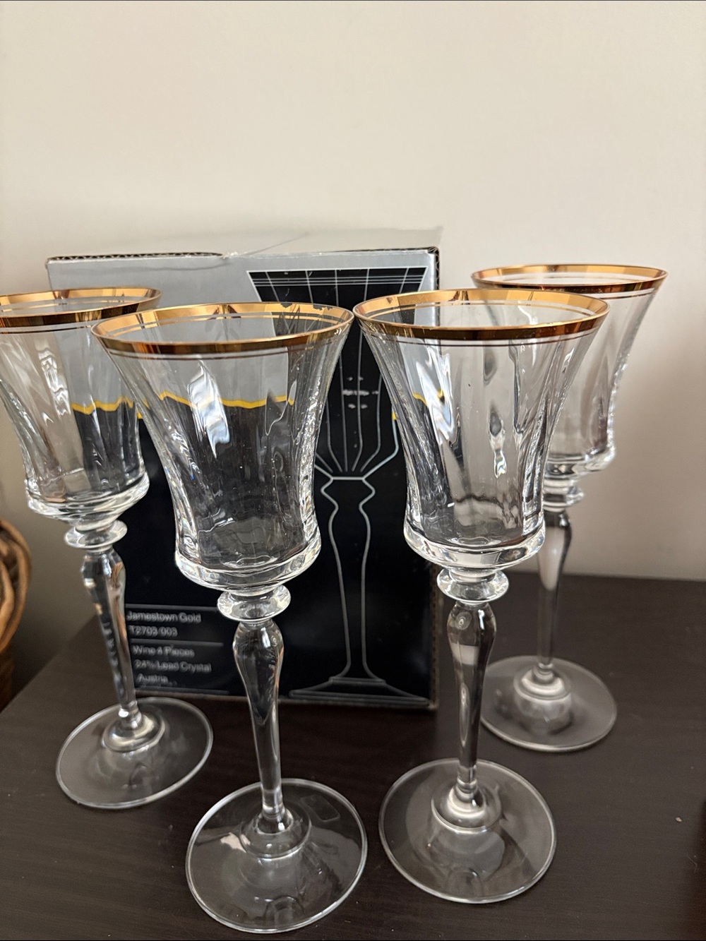 4pc Mikasa Jamestown gold rimmed wine glass set 24% lead crystal new T2703/003